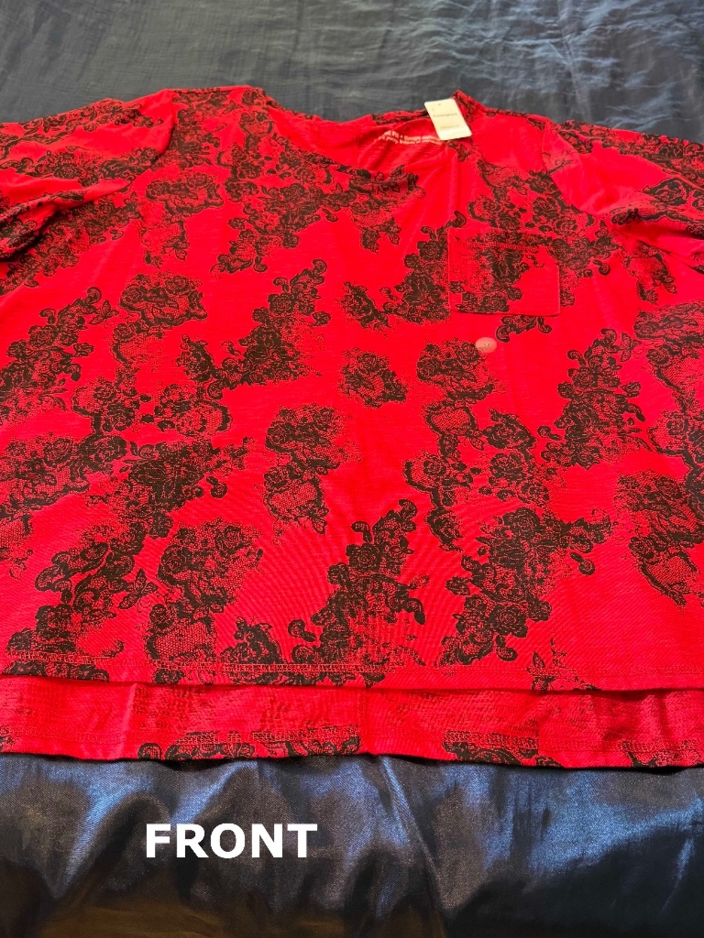 TEE, PRINTED FRONT, TANGO RED, SIZE 5X, VEE NECK, HIGH LOW HEM, POCKET, SHAPED